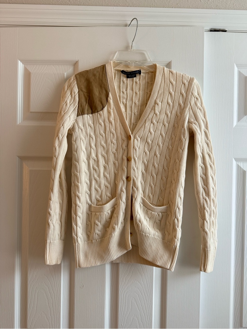 Ralph Lauren Cream Cable Knit Cardigan with Tan Patch